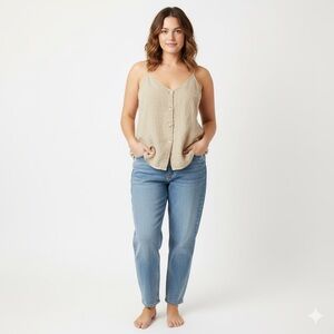 Tan Button-Up Women's Tank Top Linen Blend Lightweight Size Large